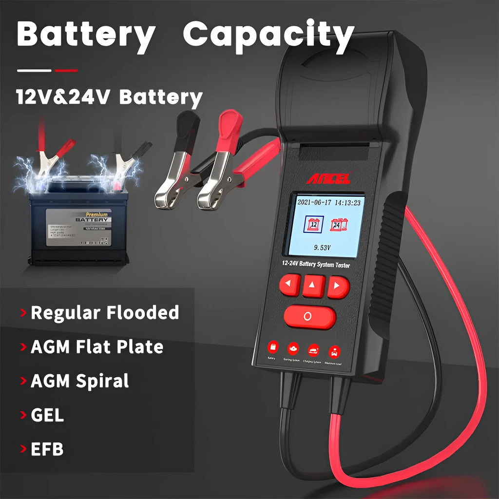BST600 black automotive battery tester with printing function for 12V and 24V battery analysis