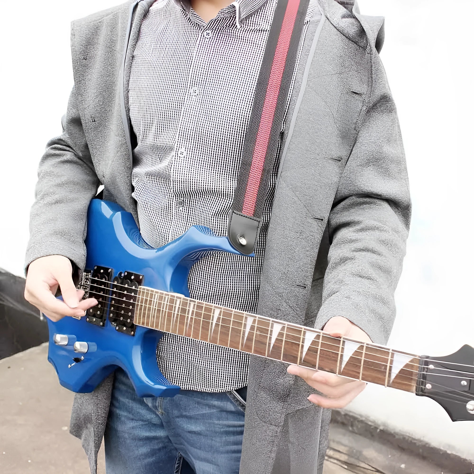 Woven crossbody guitar strap in multiple colours, suitable for bass, electric, acoustic, and ukulele.