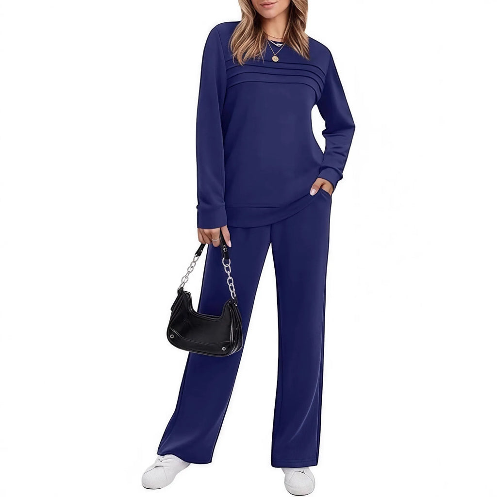 Casual women's long sleeve drawstring solid colour commute suit set in solid colour, polyester fabric, five colour options.