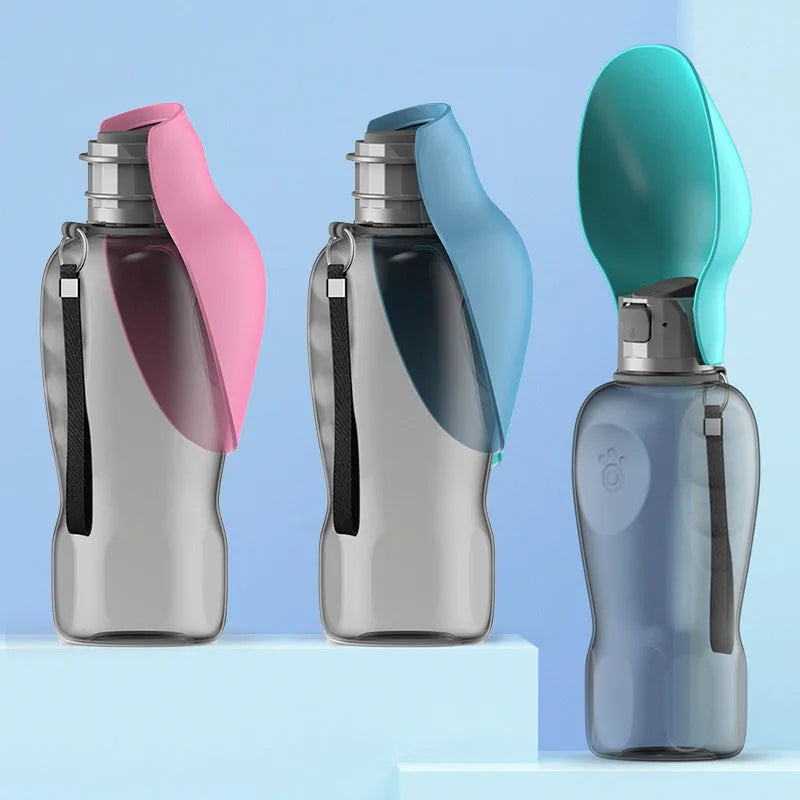 800ml portable dog water bottle with blue foldable drinking bowl and wrist strap