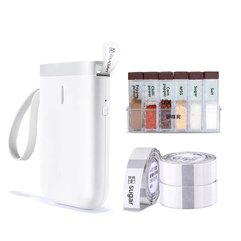 D11 Bluetooth direct thermal label printer in black, compact size 108x76x30mm, with thermal paper roll