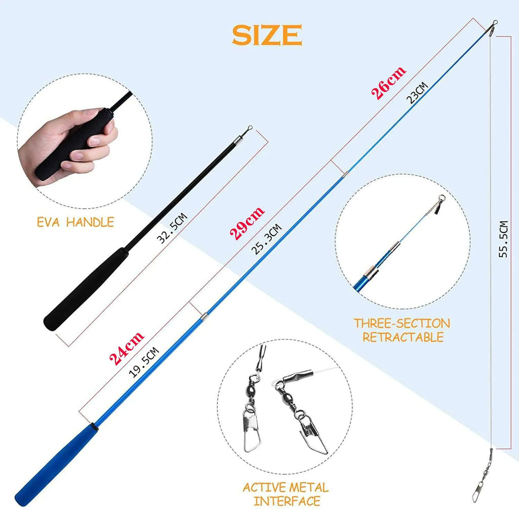 Cat teasing fishing rod toy with feather lures and interchangeable heads for interactive indoor play