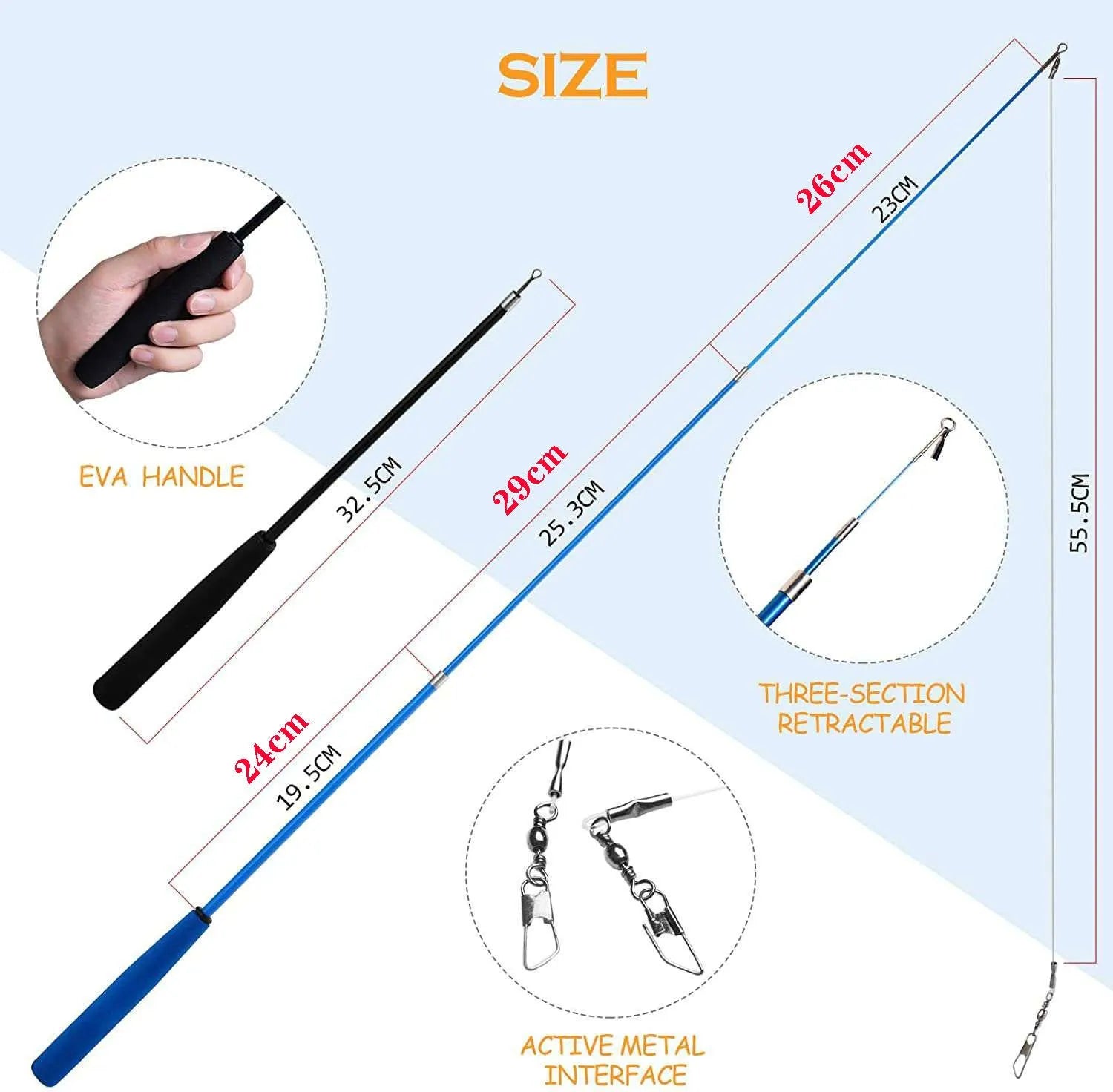 Cat teasing fishing rod toy with feather lures and interchangeable heads for interactive indoor play
