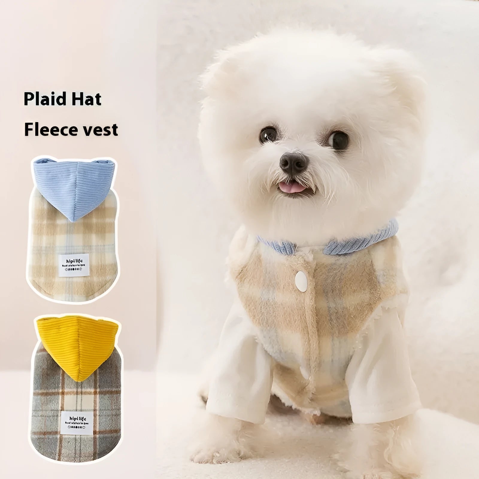 Blue corduroy dog hoodie with a chessboard grid pattern and hooded vest design