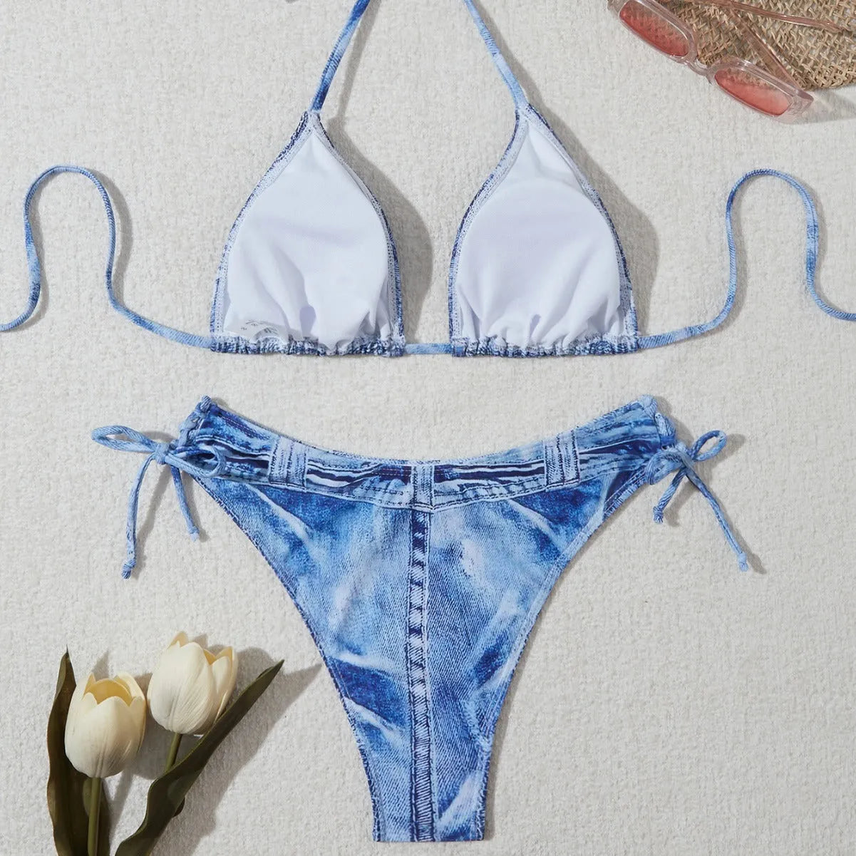 Denim blue printed women's bikini set with adjustable straps on the top.