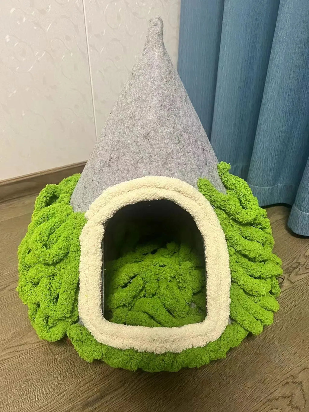 Grey handmade felt cone cat house measuring 50cm diameter by 51cm height