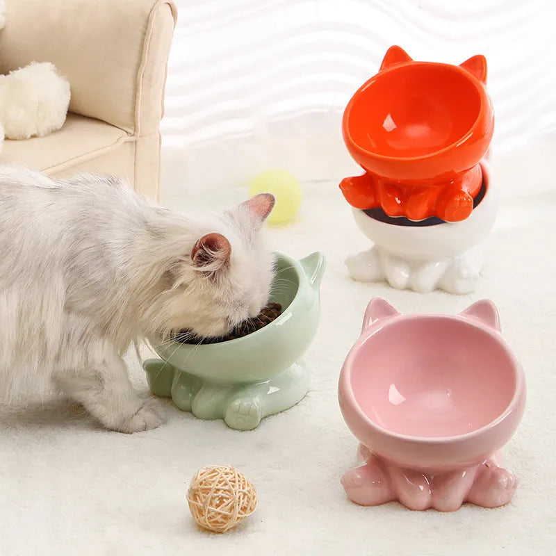 Ceramic cat bowl with neck guard and oblique mouth design, colour Black and White
