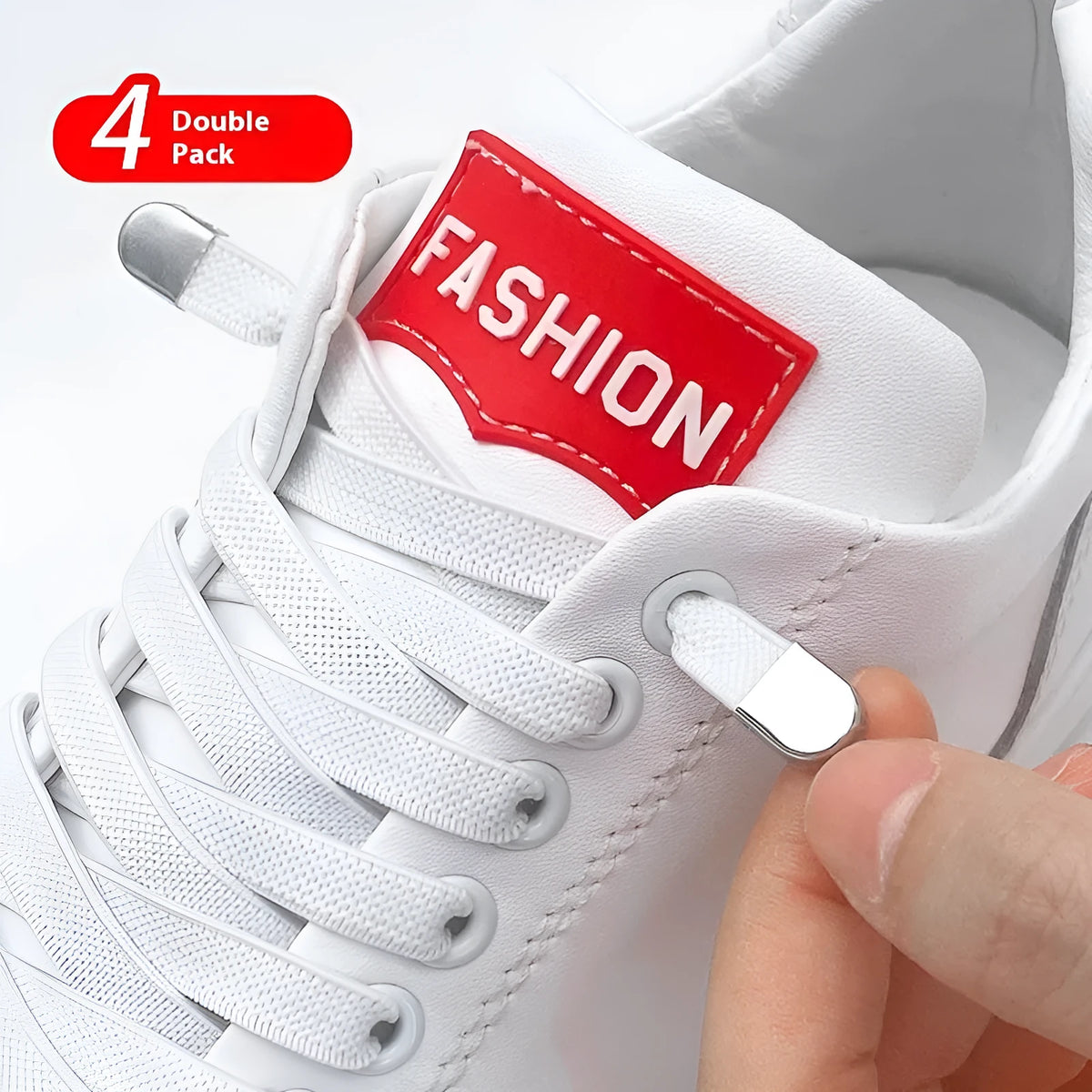 Elastic no-tie shoelaces with flat buckle and press buttons in white, black, red and other colours, free size for adults and children