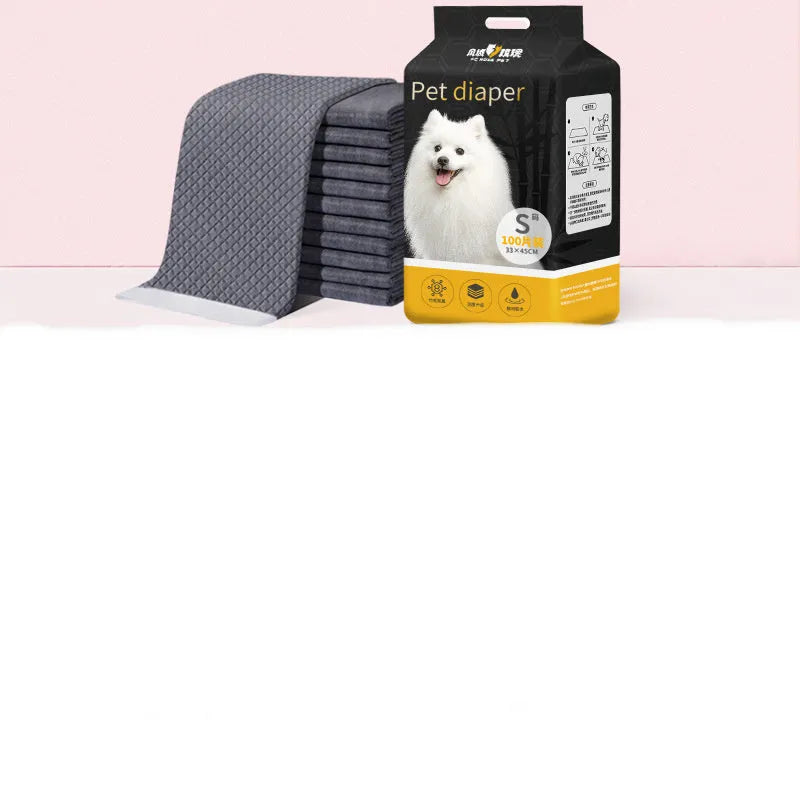 Disposable dog pee pad made from non-woven fabric, available in multiple sizes including XL, with deodorising bamboo charcoal option