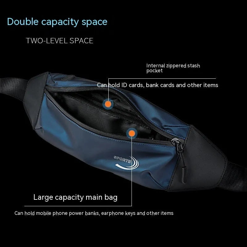 Men's blue waterproof sports waist bag with secure fastening, shown with dimensions