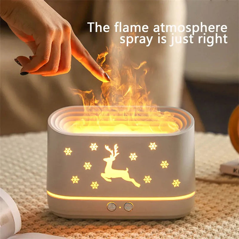 White round Elk flame effect humidifier and essential oil diffuser with USB cable