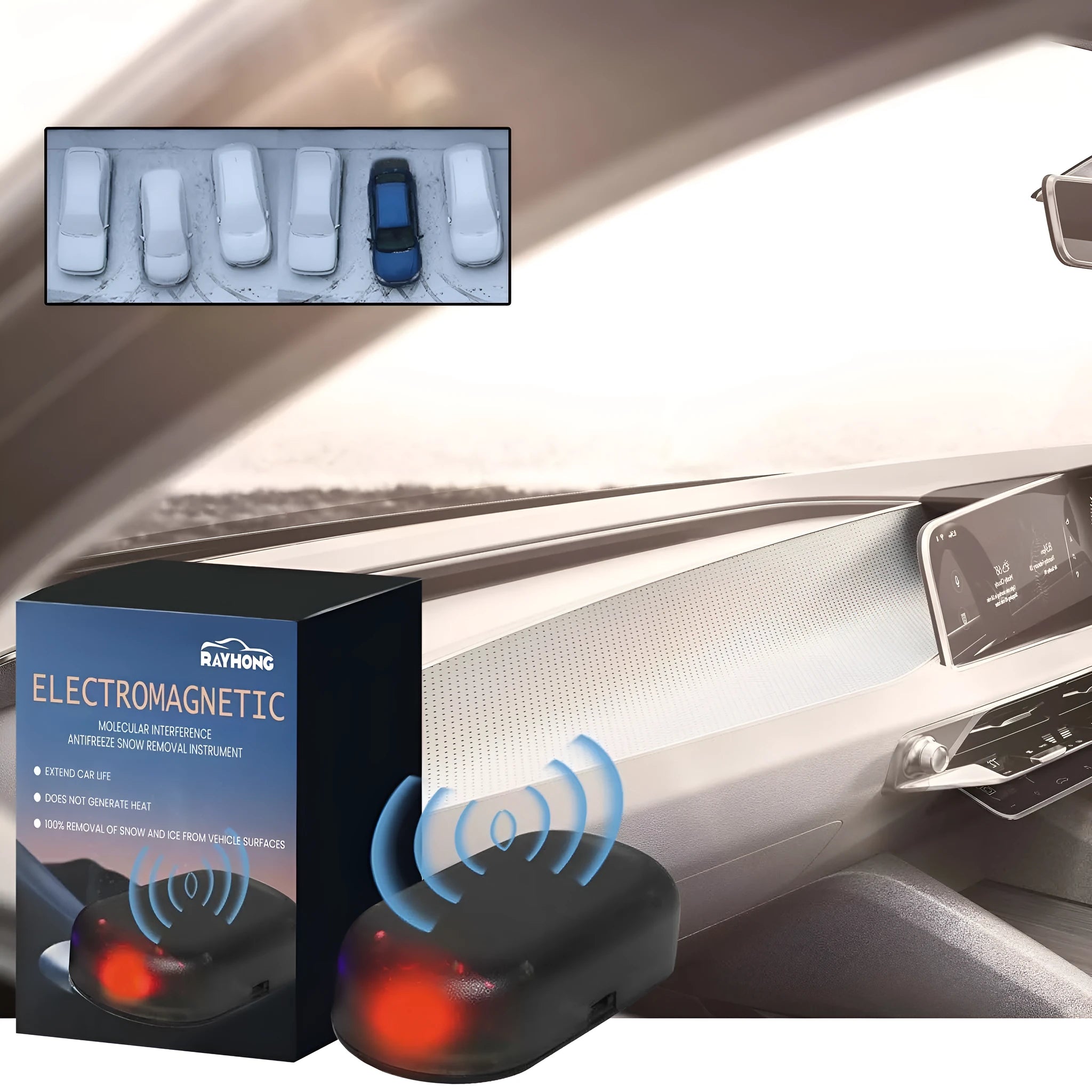 Black compact car windscreen de-icer tool with glass element for melting ice and snow.