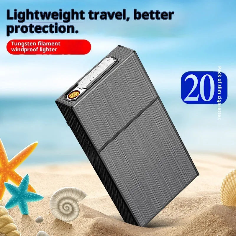 USB rechargeable aluminium cigarette case in black brushed finish with modern simplicity design