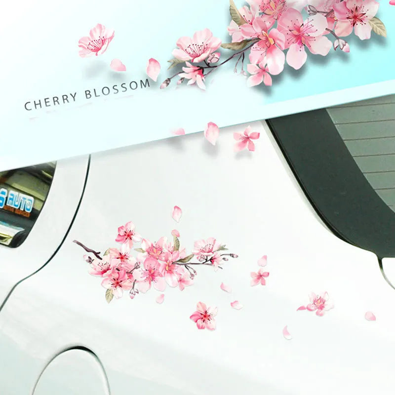 Cherry blossom flower pattern car sticker on vehicle window showing waterproof PVC material