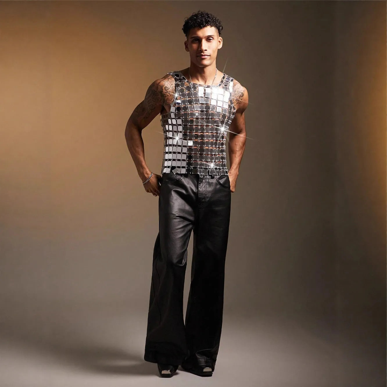 Silver acrylic mirror men's performance costume vest with punk styling and loose fit