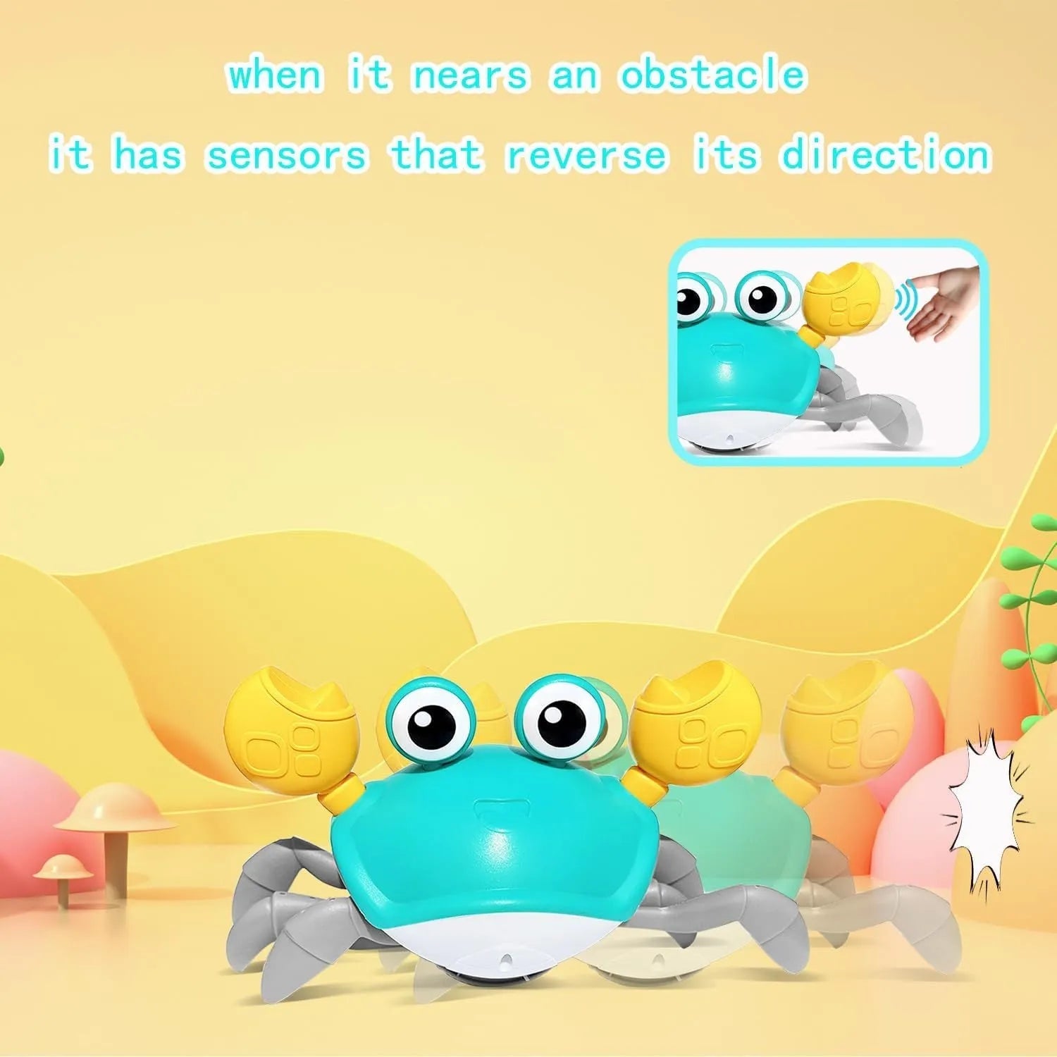 Blue crawling crab dog toy with obstacle avoidance sensor and interactive lights
