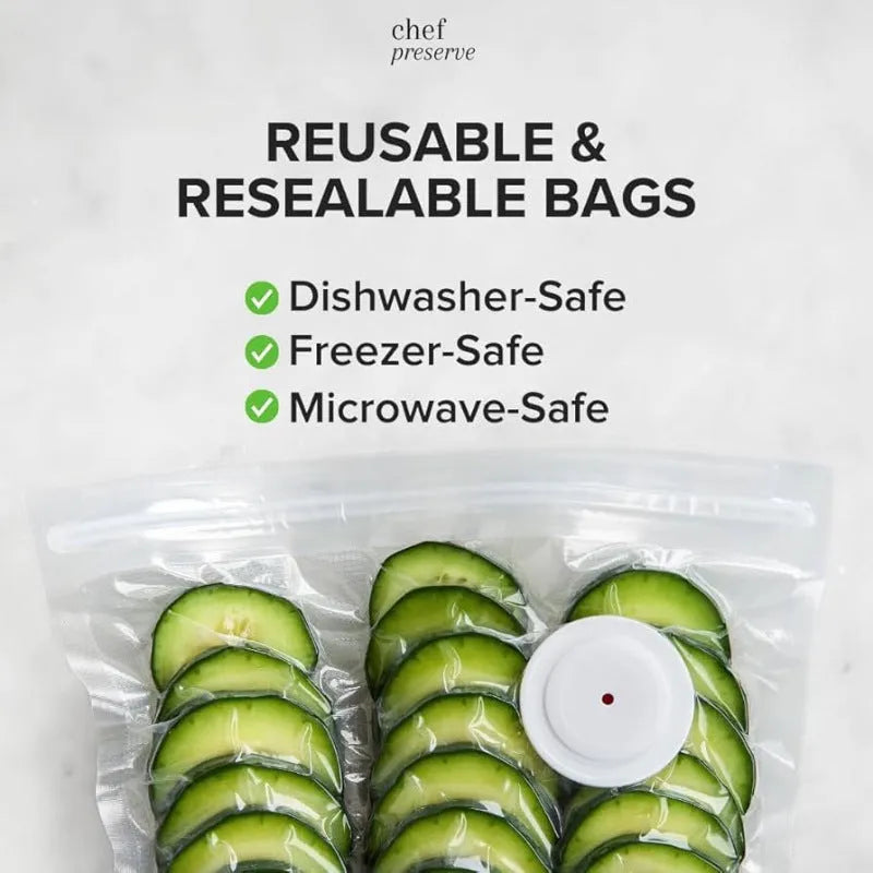 White USB electric vacuum sealer pump with five clear plastic food storage bags