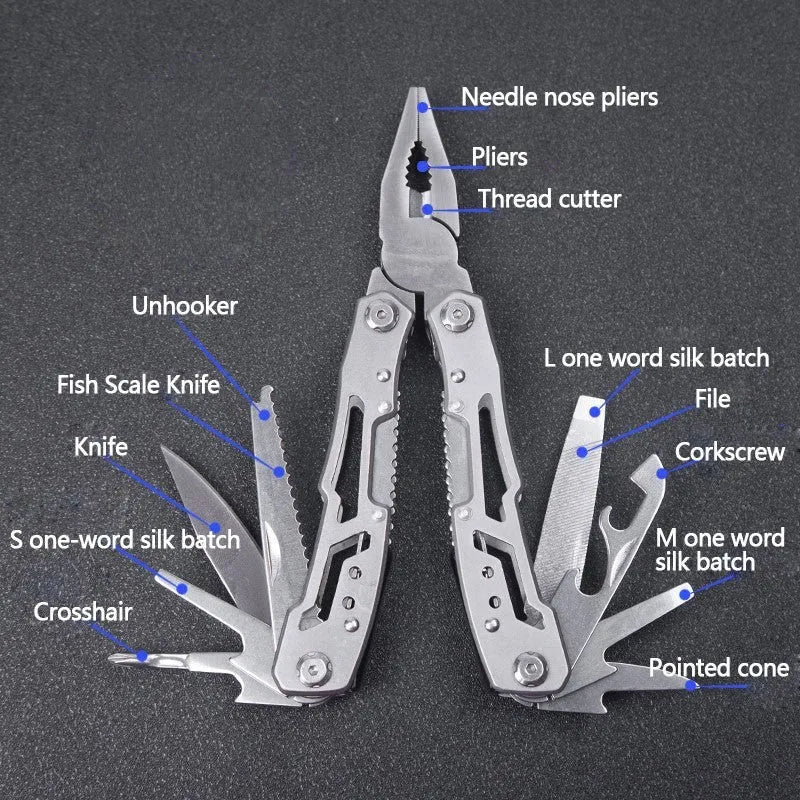 All steel multi-function pliers in black and silver grey with 14-in-one functions, 420 steel body, and 15.6cm developed length