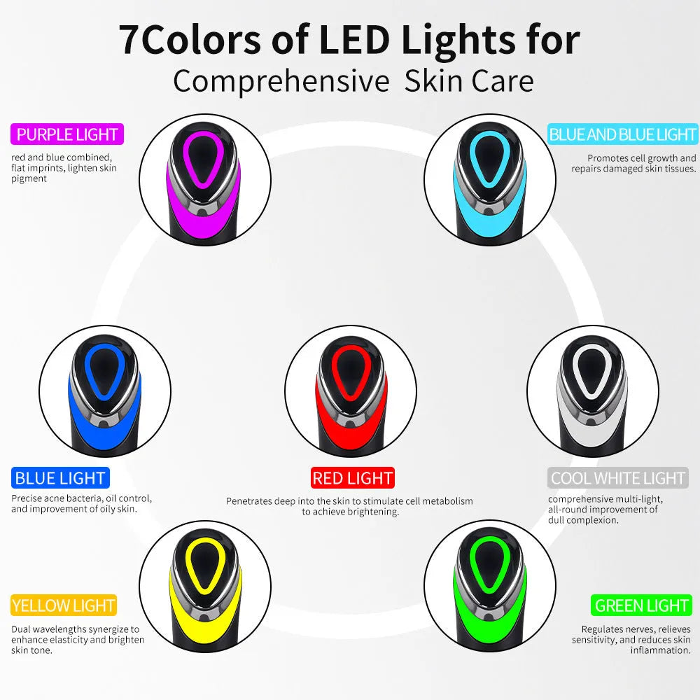 Black eye massager with 7 colour LED lights including red and blue therapy modes
