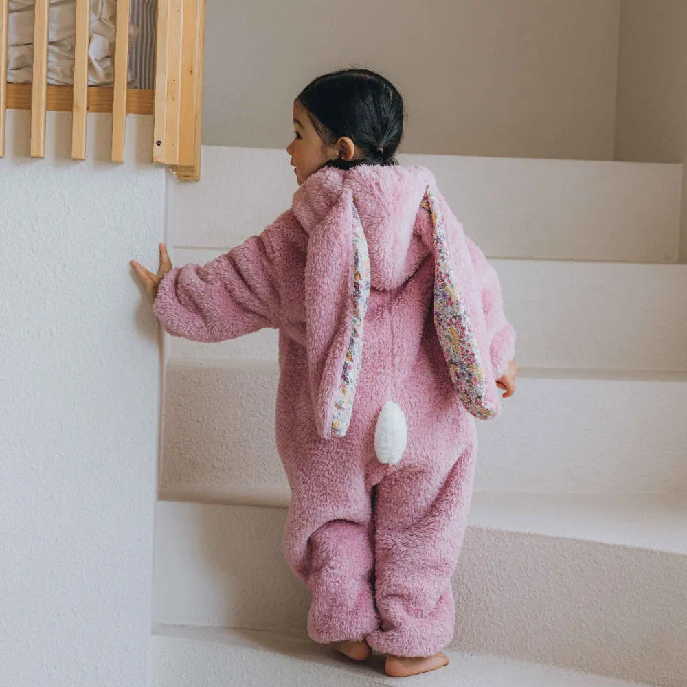 Baby girl bunny jumpsuit with lazy zipper hooded pajamas in khaki, pink, or white colours