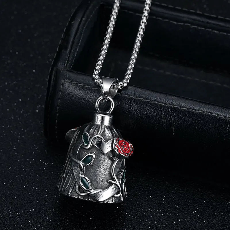 Titanium steel motorcycle riding lucky bell with polished vintage finish and double-sided epoxy rose design