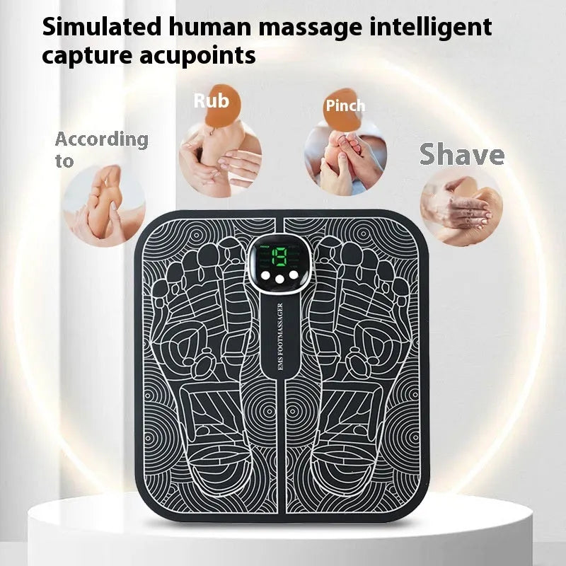 Blue rechargeable reflexology foot massager mat with remote control and USB cable