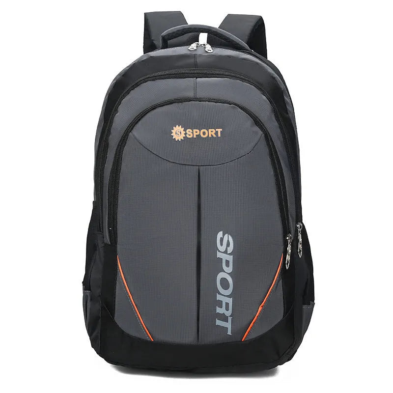 Large nylon backpack for men in grey colour with letter detailing and curved shoulder straps