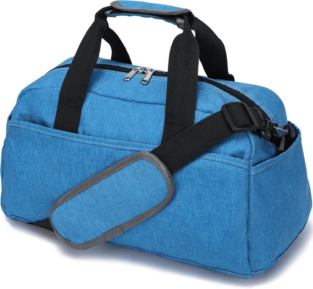 Small polyester portable luggage bag in grey with curved shoulder strap on white background