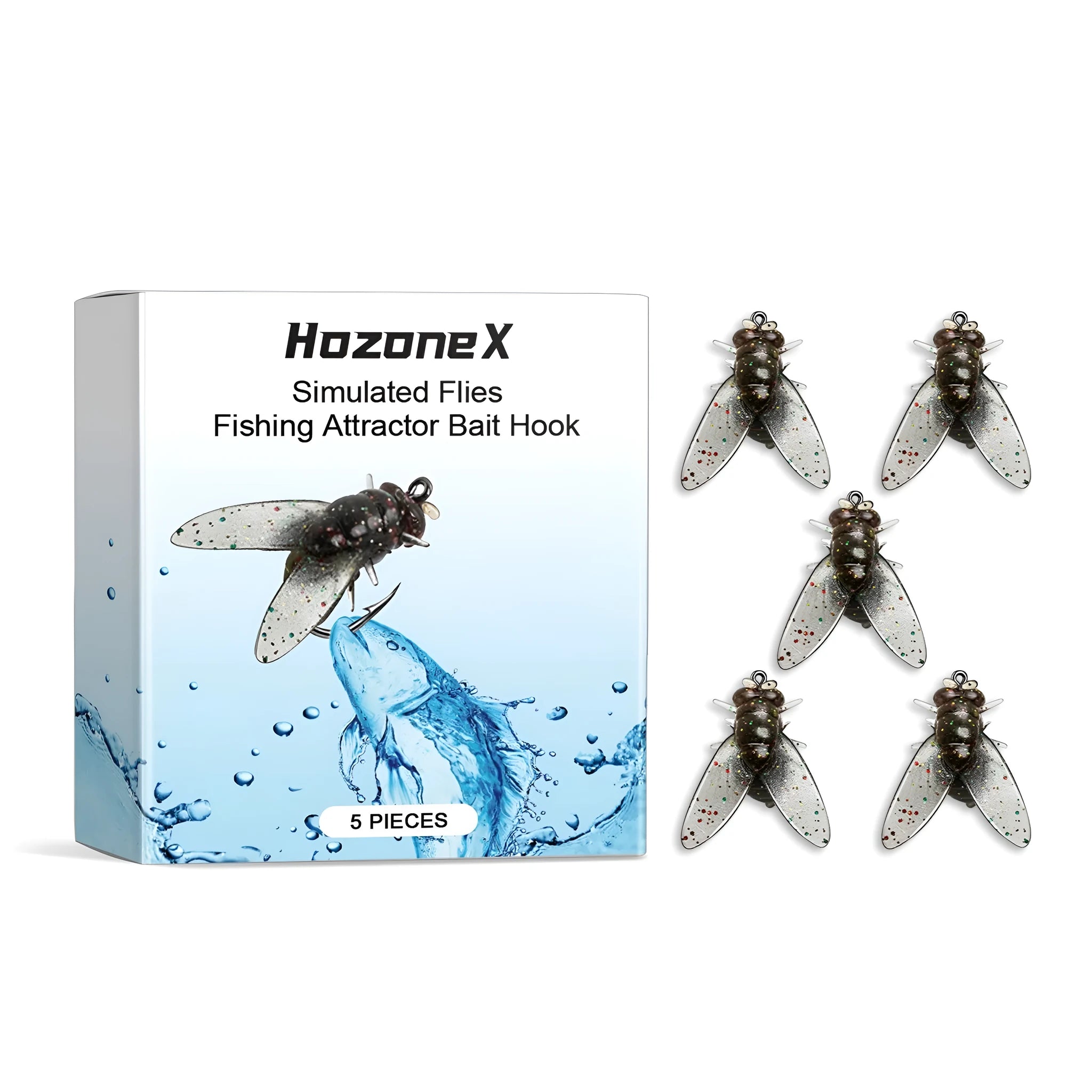 Five small, detailed biomimetic insect soft bait lures for fly fishing, shown next to a fly hook for scale.