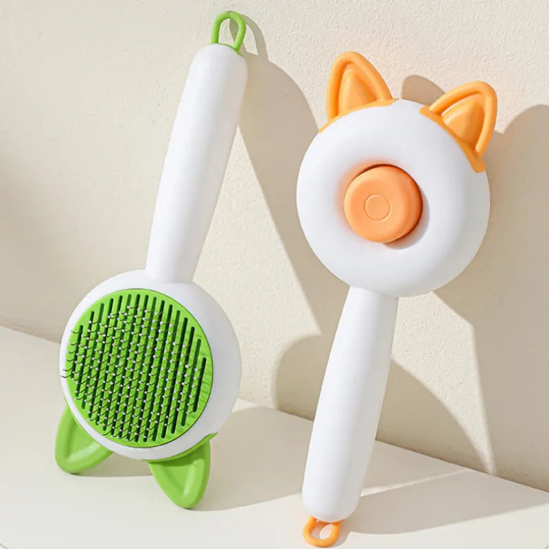 Self-cleaning cat grooming comb with stainless steel bristles in greenish white colour