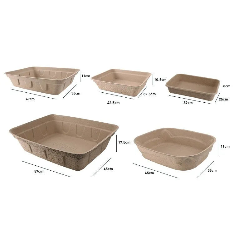 Brown biodegradable disposable cat litter box shown in three available sizes for small cats.