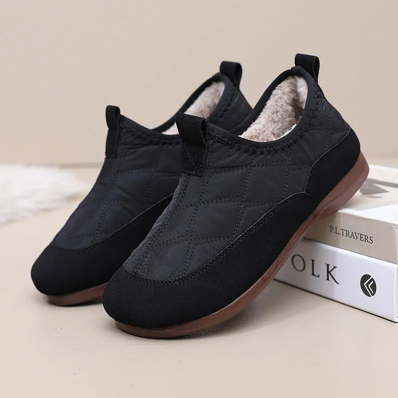 Women's winter cloth shoes in apricot with umbrella cloth upper, flat heel, and velvet soft bottom
