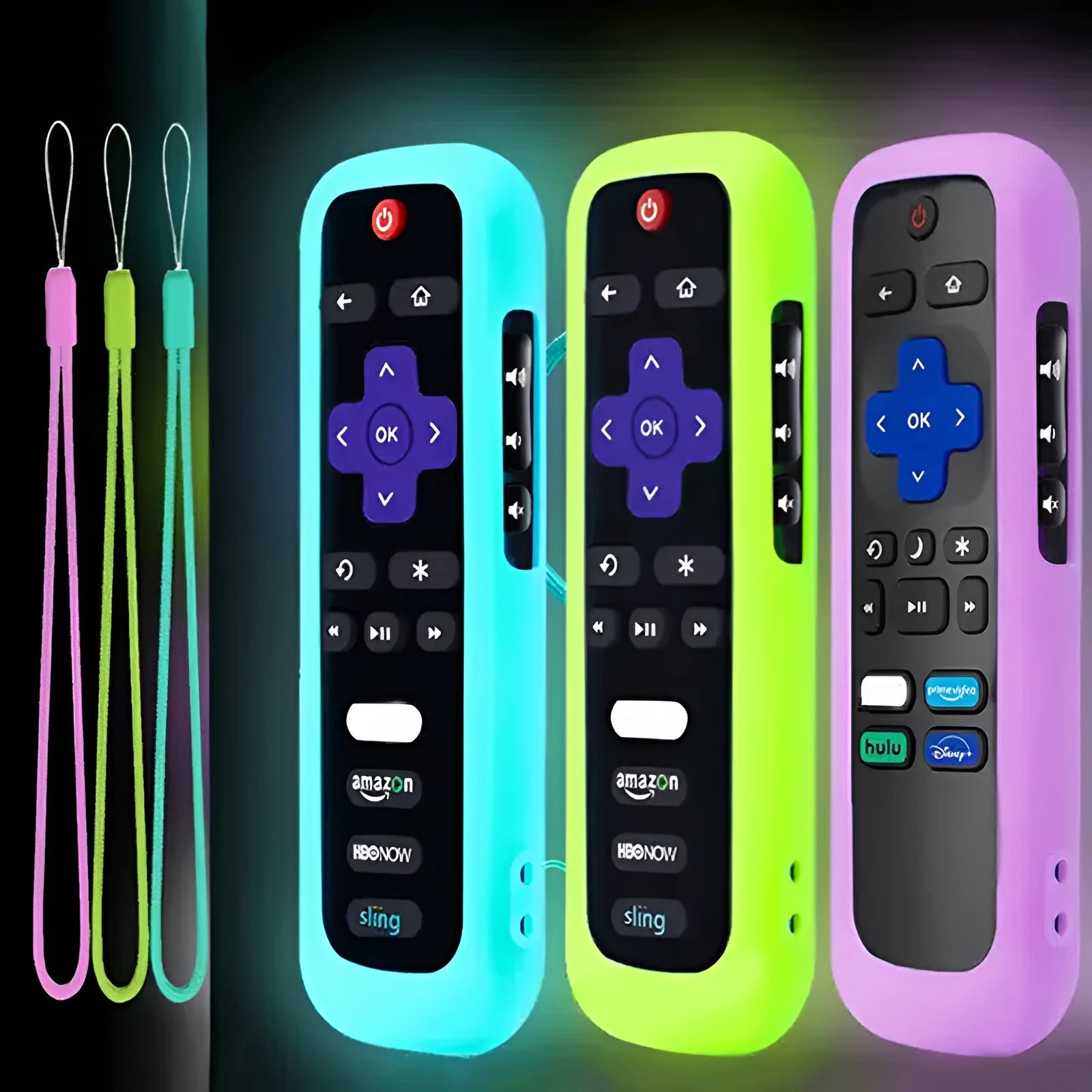 Luminous silicone remote control protective sleeve for daily use, long shape, available in blue, green, purple, and pink colours.