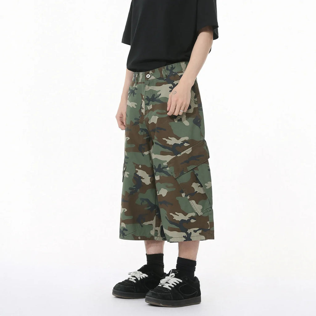 Cotton men's camouflage trousers with wide leg loose fit and American side stitching