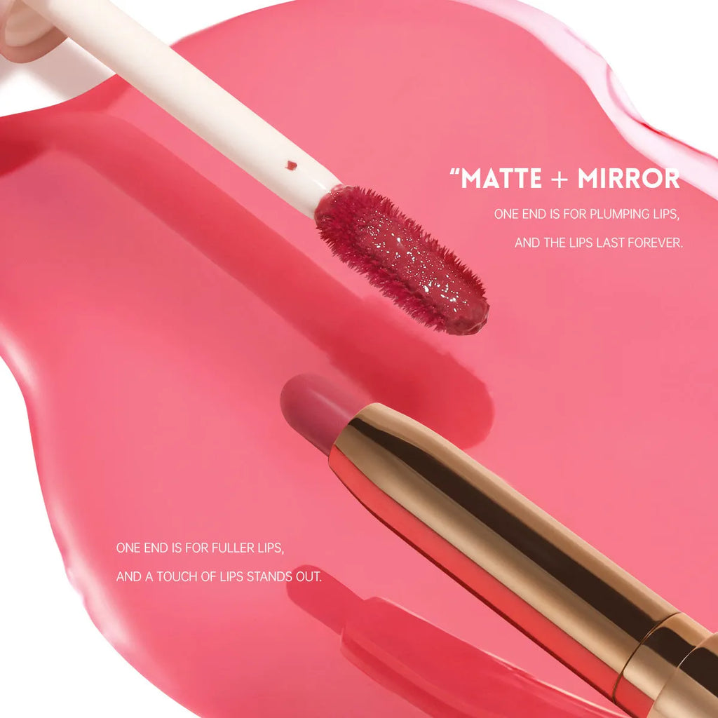 Double-headed lipstick and lip gloss in matte finish showing ten colour options 01 through 10