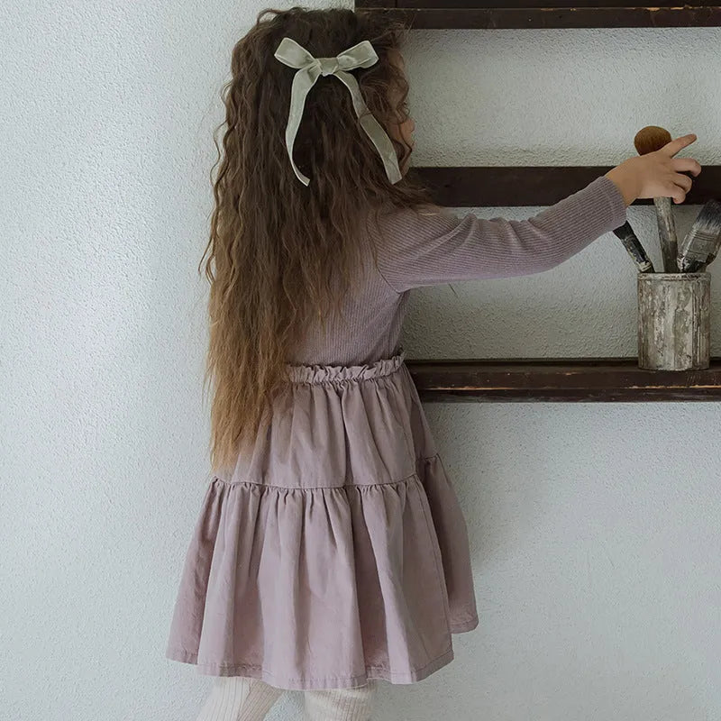 Girl's solid colour cotton lace layering stitching princess dress in lotus root starch colour with long sleeves