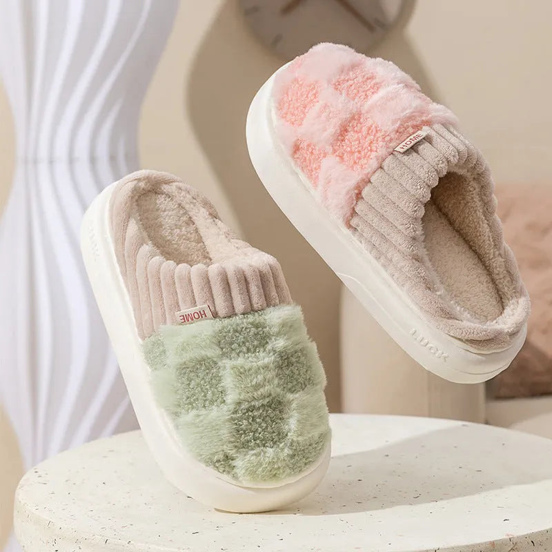 Women's plush indoor slippers in coffee colour with round toe and non-slip PVC sole.