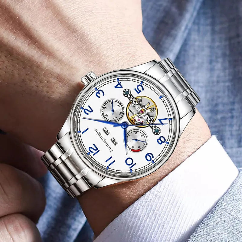 Men's stainless steel mechanical watch with hollow dial, sapphire glass, and leather strap.