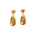 Gold coloured stainless steel earrings with a geometric hemisphere and water drop pendant design.