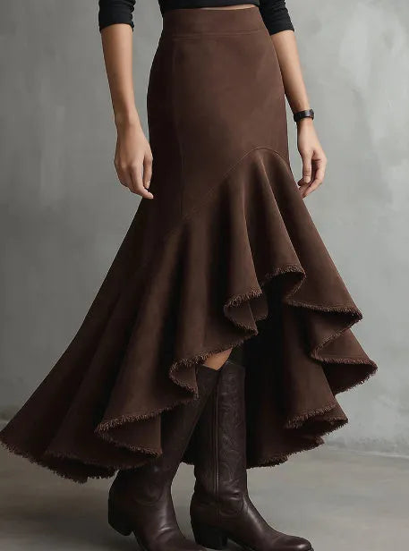 Western Brown polyester maxi skirt with high-low hemline and ruffle detailing