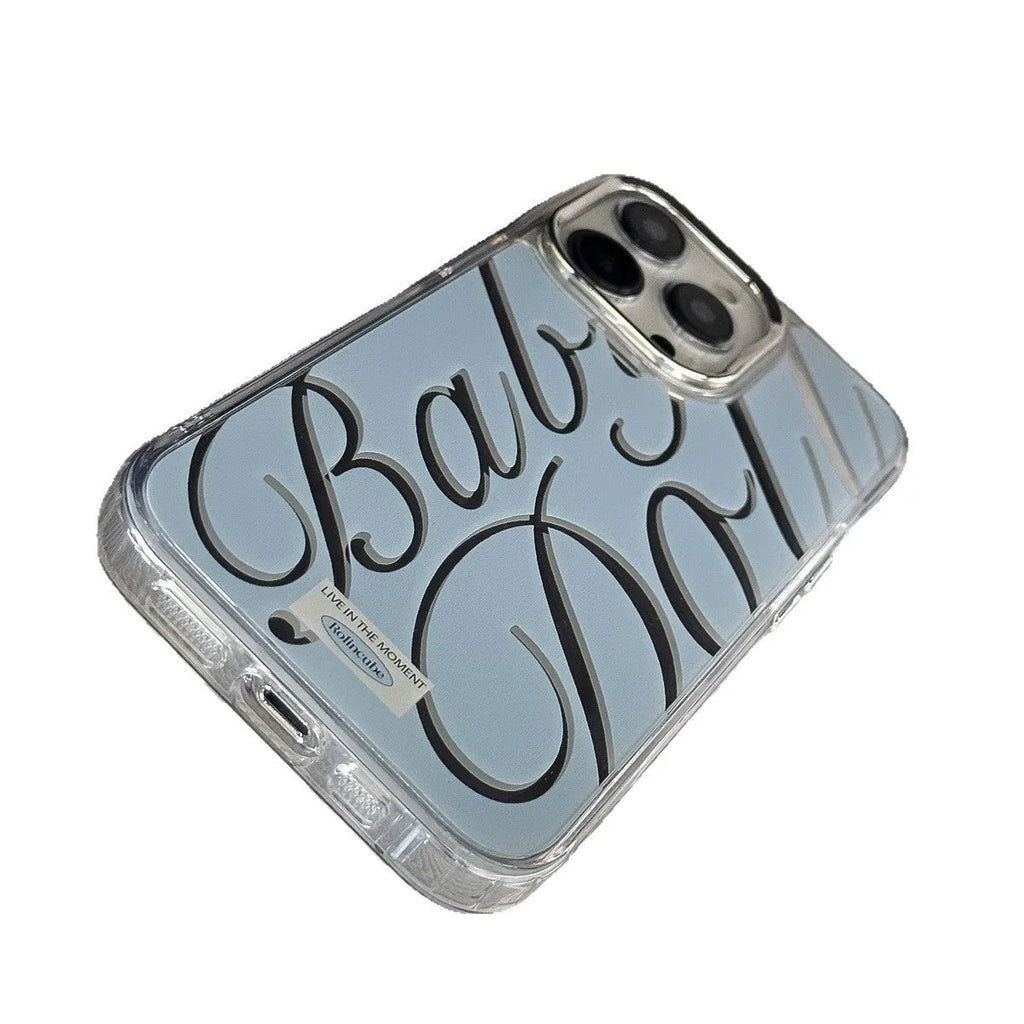 Blue transparent iPhone case with mirror accents and JMKJ English letters, shown fitted to a phone.