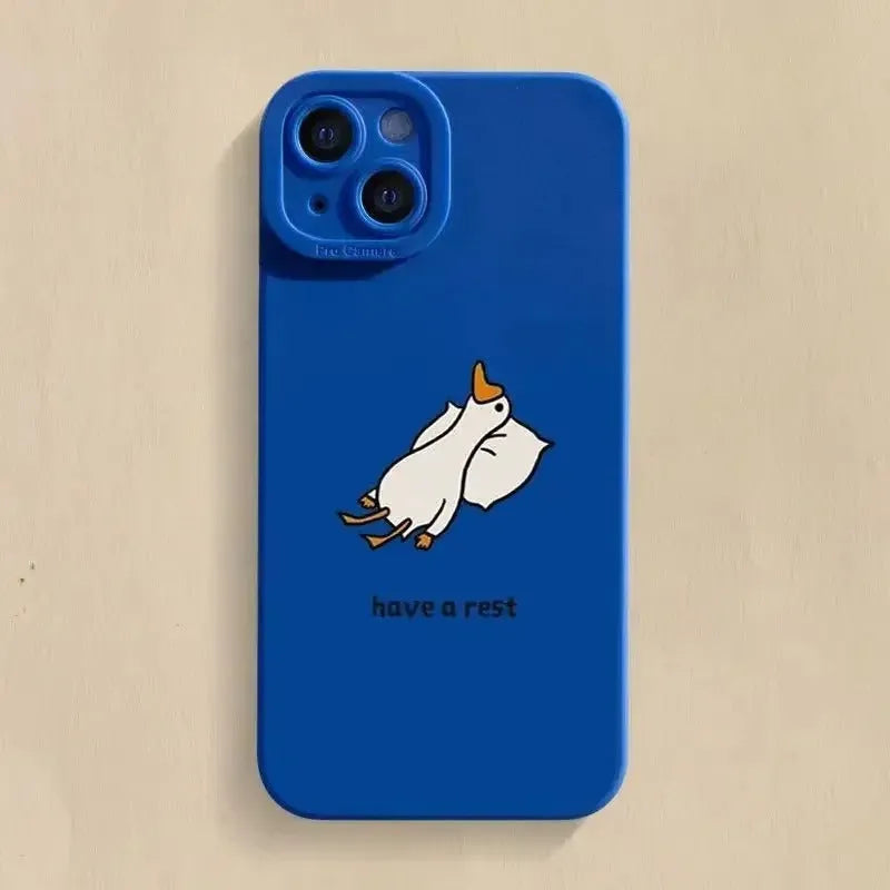 Cute carved cartoon duck design on a black silicone case for an iPhone.