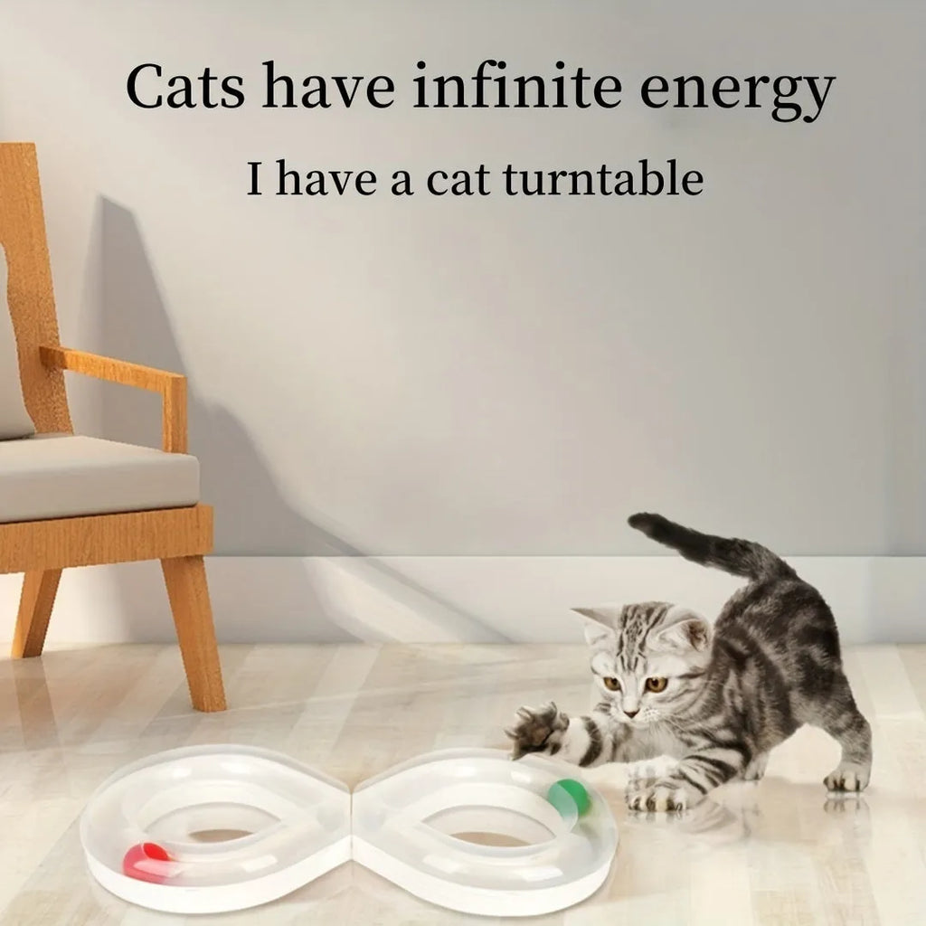 Blue and white cat turntable track ball toy set with teasing stick measuring 50cm long