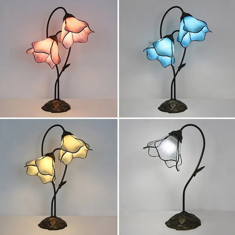 Retro American desk lamp with glass lotus shade in sofa tea art style