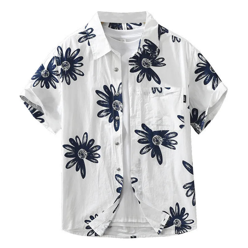 Japanese trendy printed short sleeve shirt in cotton blend fabric, loose fit, white or apricot colour