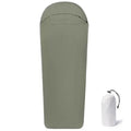 Blue and green lightweight nylon mummy-style camping sleeping bag for adults.
