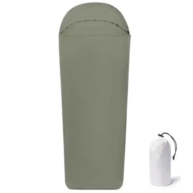 Blue and green lightweight nylon mummy-style camping sleeping bag for adults.