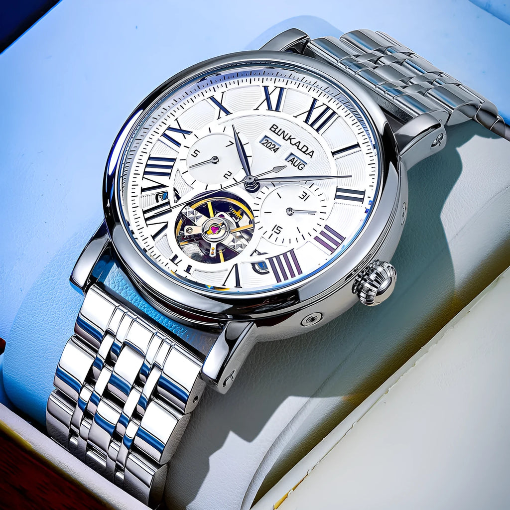 Men's automatic waterproof business watch with a steel strap in black or white colour.