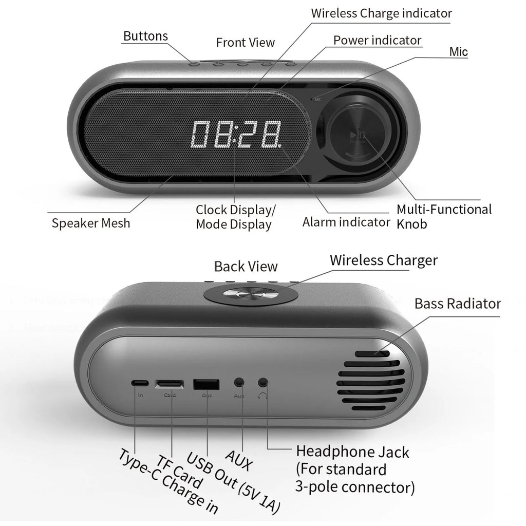 Space grey wireless charging alarm clock with Bluetooth speaker and digital display