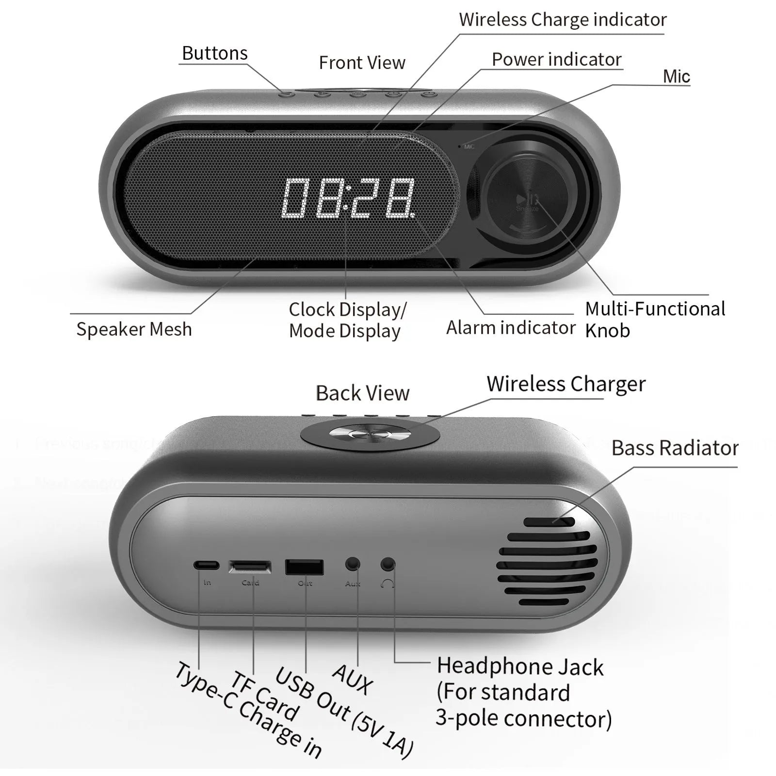 Space grey wireless charging alarm clock with Bluetooth speaker and digital display